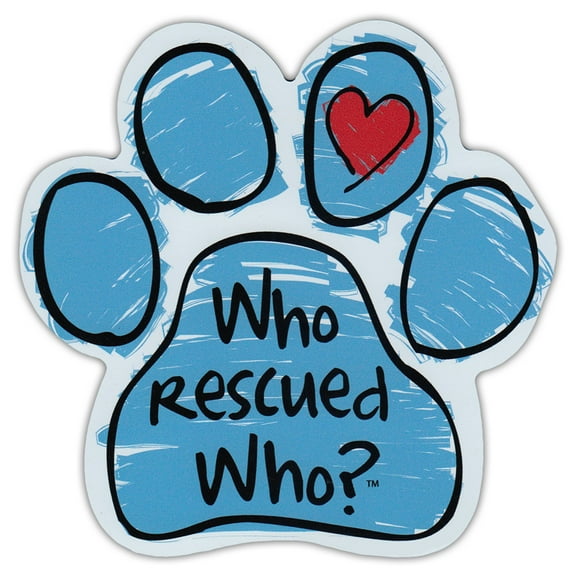 Blue Scribble Dog Paw Shaped Car Magnet - Who Rescued Who? - Magnetic Bumper Sticker