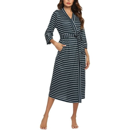 

JNGSA Robes For Women Loungewear For Women Women s Summer Fashion Three Quarter V-Neck Prtiped Mid-Calf Sleepwear+Belts Clearance