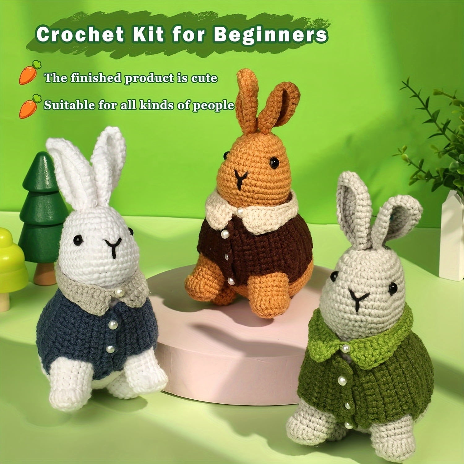 3pcs Crochet Kit for Beginners _ Rabbit Crocheting Animals Kits with Step-by-Step Video Tutorials - Knitting Supplies for Adults, Crochet Hooks Yarn DIY Craft Art