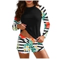 thumbnail image 2 of Tankini deportivo de manga larga con cuello redondo y estampado de moda para mujer, conjunto de dos piezas de traje de baño de poliéster con top dividido y shorts de baño., 2 of 7