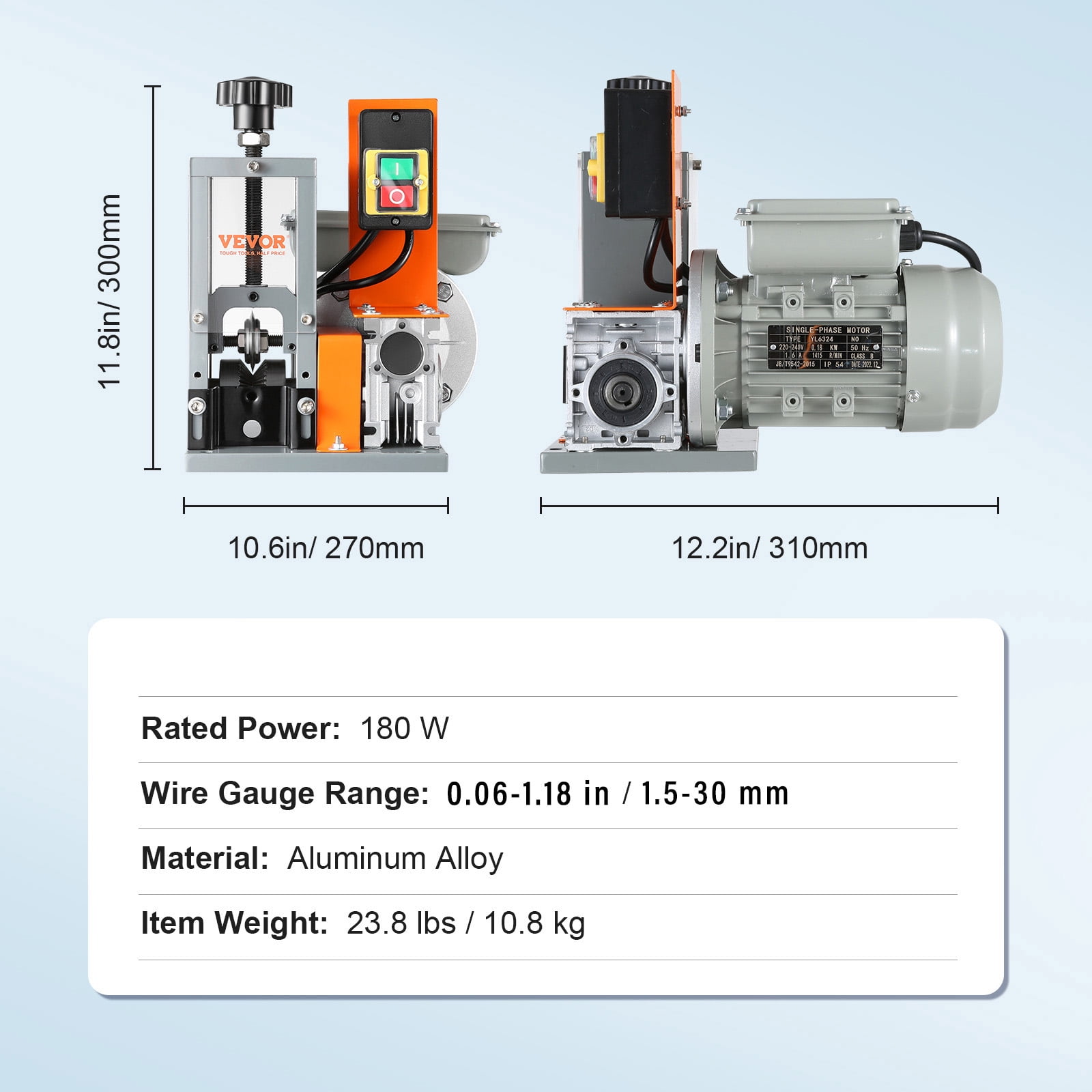 VEVOR Electric Cable Stripping Tool, 0.06''-1.18'' Motorized Wire Stripper, 180 W, 60 ft/min, with Clear Depth Gauge, Ideal for Scrap Copper Recycling