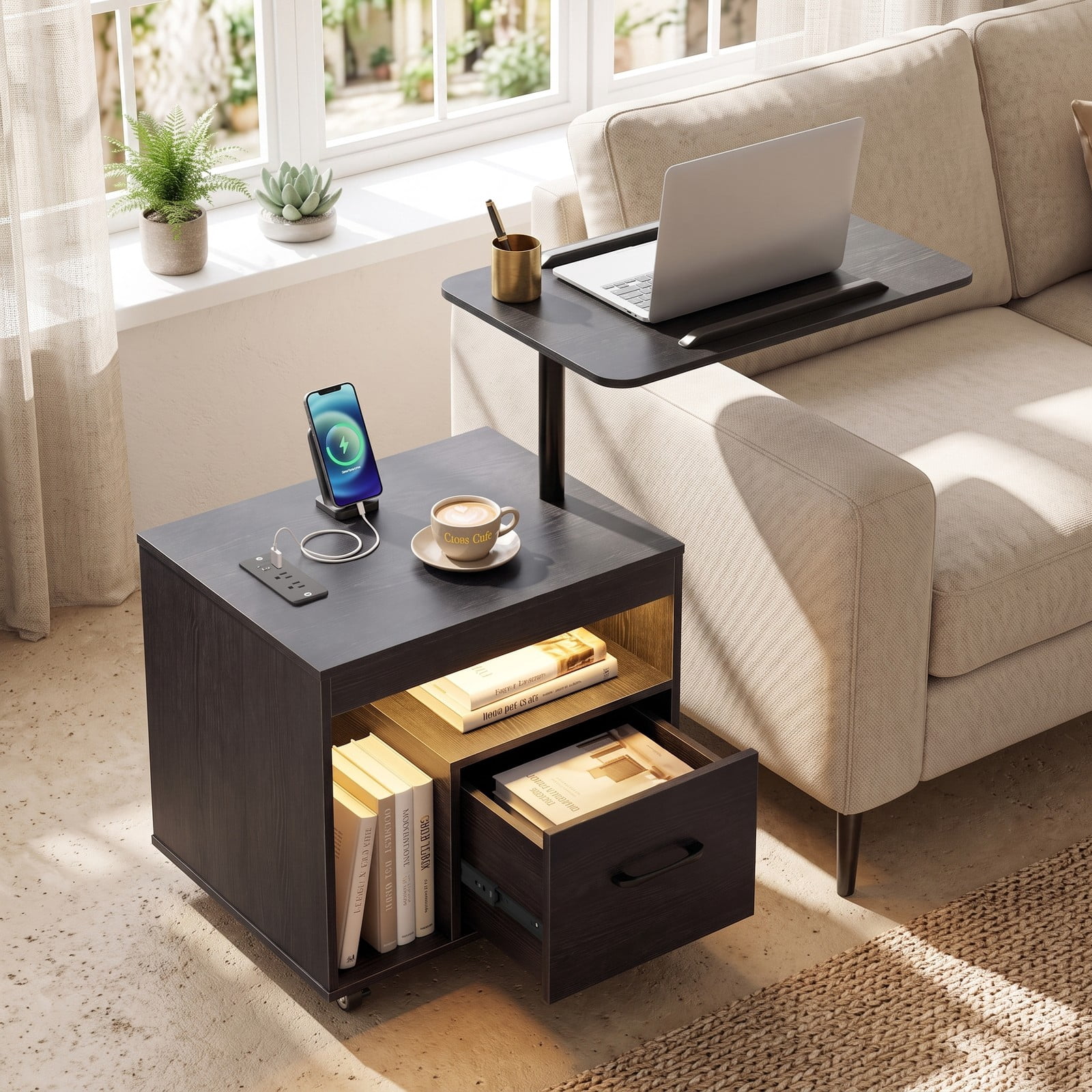 Furnibear LED Nightstand with Charging Station and Flip over Rotatable Tabletop and Drawer for Bedroom and Living Room, Modern Bedside Table, Black