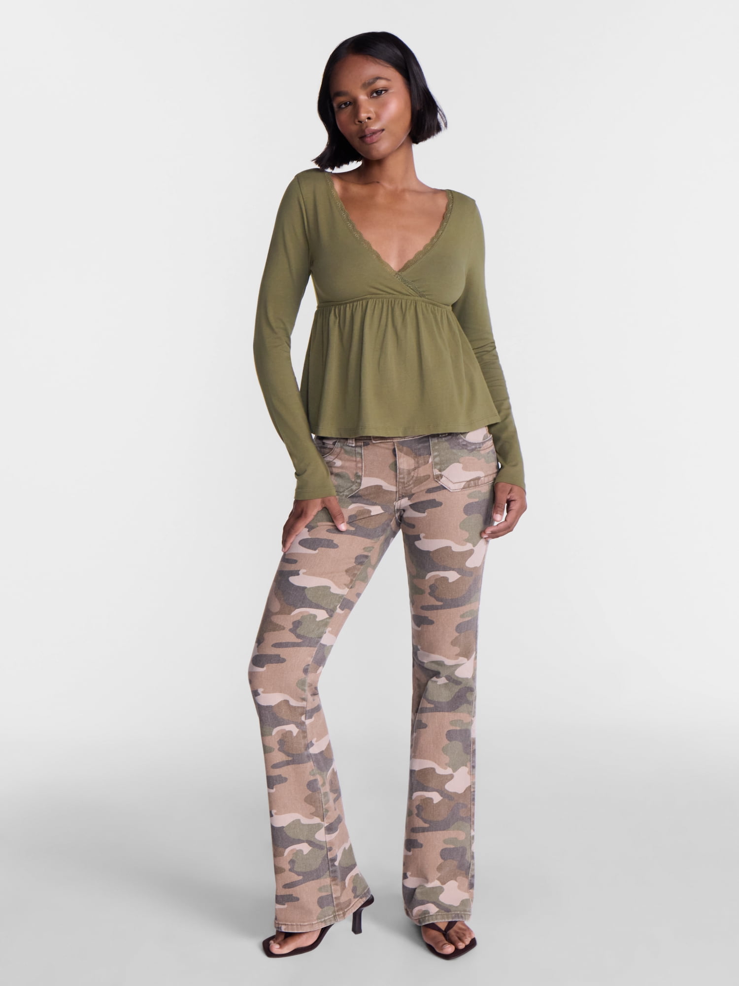 No Boundaries Babydoll Top with Long Sleeves, Women’s XXS-XXL