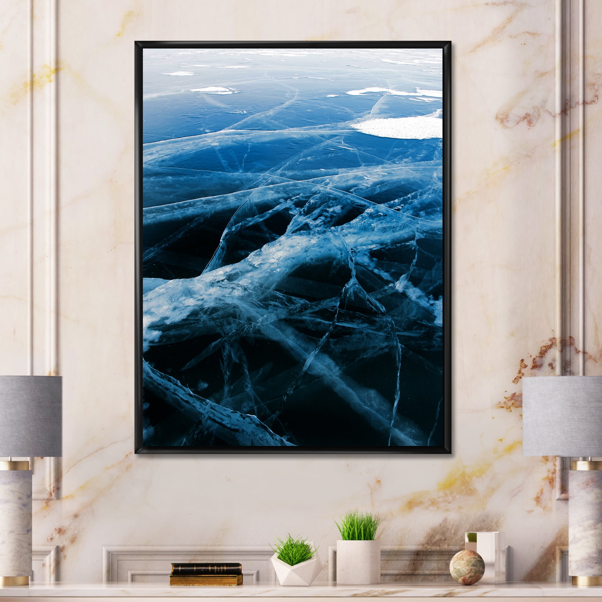 Designart 'White and Blue Ice Structure II' Modern Framed Canvas Wall Art Print