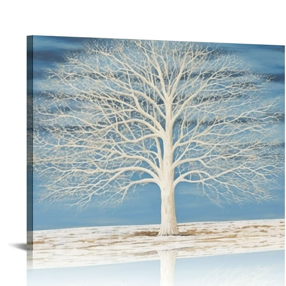 COMIO  Modern Tree Canvas Wall Art Teal Blue and White Pictures Large Abstract Decor Framed Landscape Painting Artwork with Texture and Gold