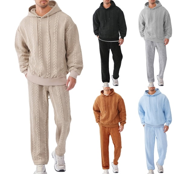 VBTAPA Men's 2 Piece Outfits Knit Jacquard Hoodies Sweatshirt Tracksuit and Joggers Sweatpants Sweatsuit Sets with Pockets Orange M