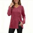 thumbnail image 4 of XPMWRP Women's Fall Fashion Long Sleeve Solid Color Shirt Dressy Casual V Neck Button Blouse Sweater Ribbed Knit Split Tunic Tops Red XXL, 4 of 7