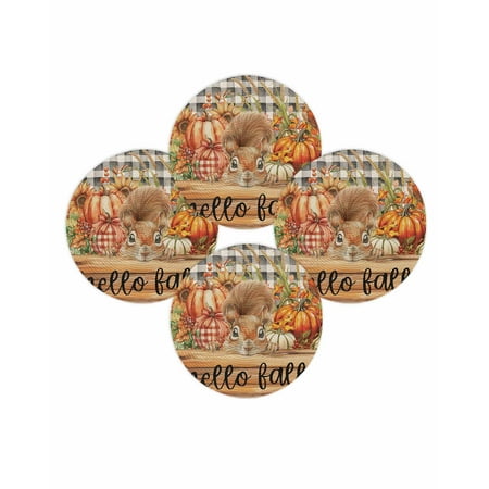 Fall Round Placemats Set of 4 Pumpkin Squirrel Place Mats Thanksgiving Woven Placemat Wood Leaf Black Buffalo Plaid Circle Braided Table Mat for Kitchen Dining Table Autumn Party Home Decor 15 Inch