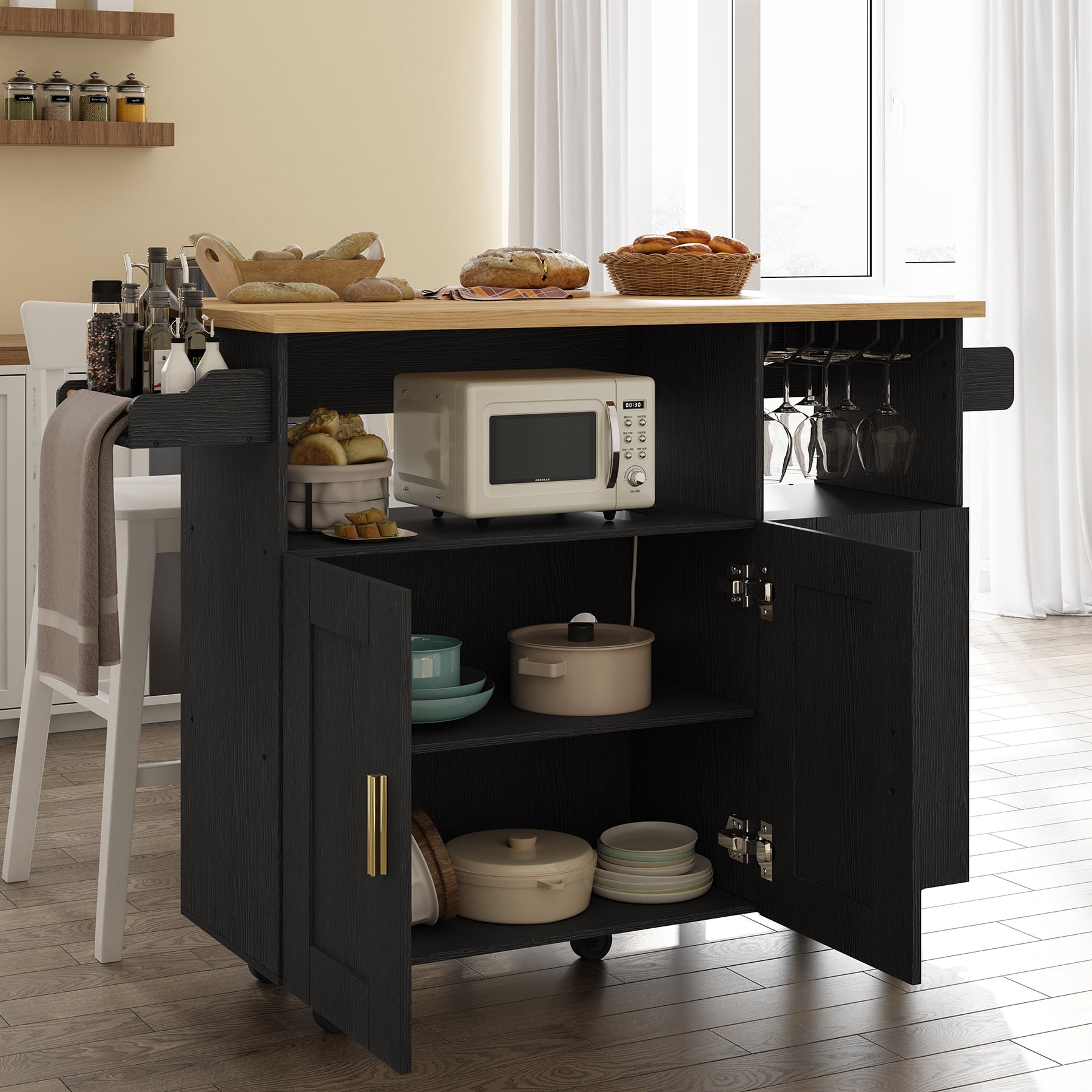 ZOPEND Rolling Mobile Kitchen Island Cart Bar with Desktop Drop Leaf Countertop, Island Cart with 5 Wheels, Power Socket and Towel Rack，Black