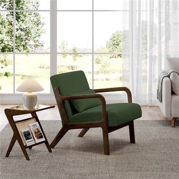 Yaheetech Mid-Century Corduroy Upholstered Accent Armchair with Wood Legs, Dark Green