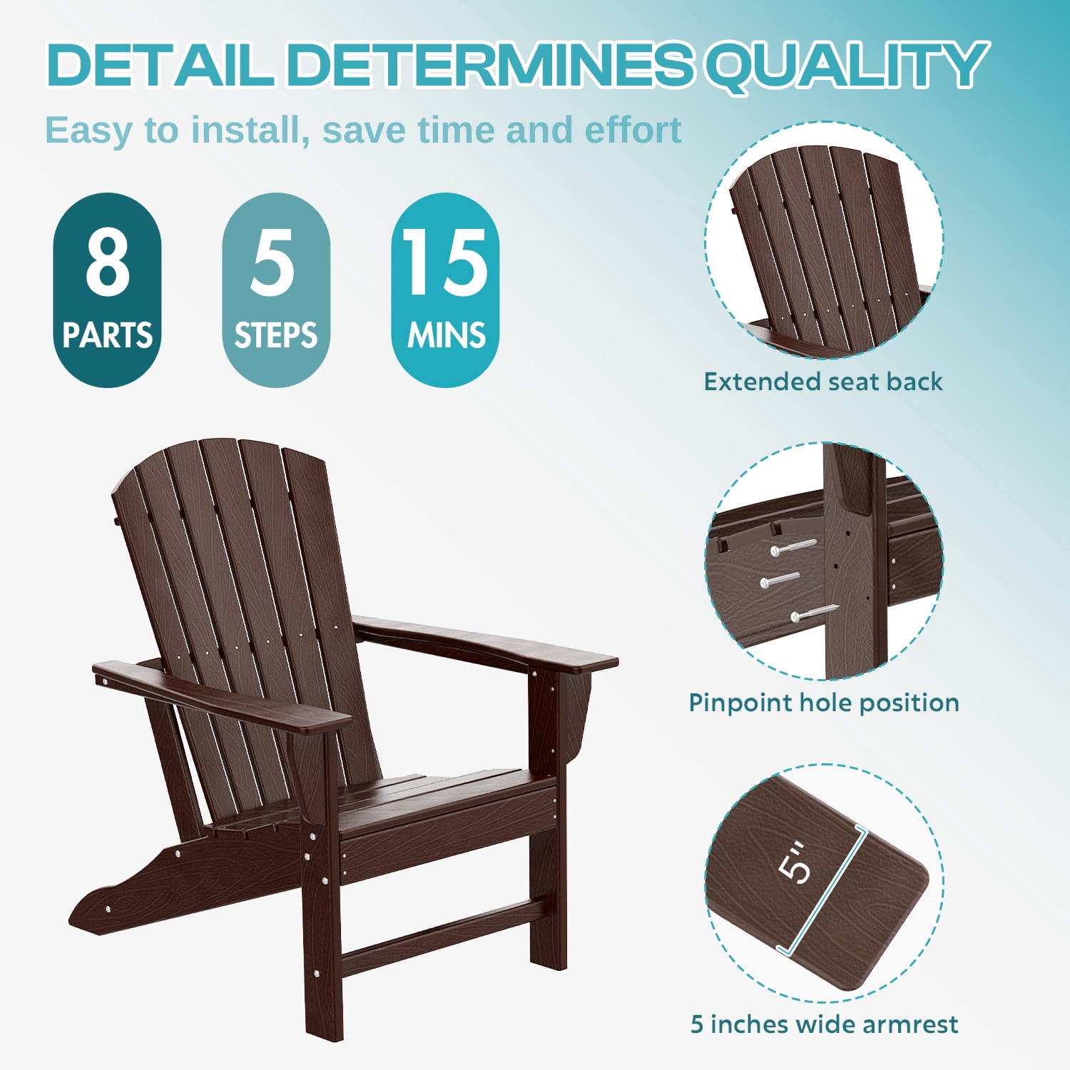 PIPOPA Outdoor Adirondack Chair, HDPE All Weather Patio Chair for Deck Backyard Garden, BrownWood