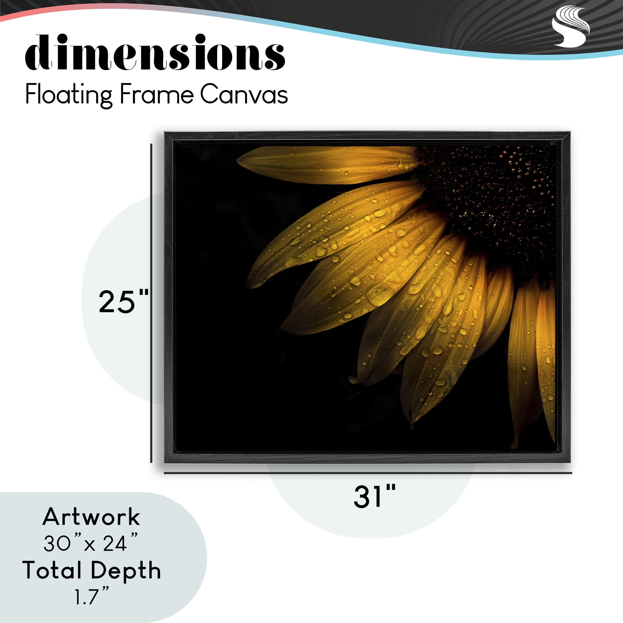 Water Droplets on Sunflower Black Framed Floater Canvas Wall Art, design by Brian Carson Photography