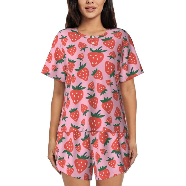 Vsdgher Pyjama pour Femmes à Motif de Fraises Dessin Animé, Ensemble de Sommeil 2 Pcs à Manches Courtes, Ensemble de Pyjama d'Été Doux, Ensembles de Détente Décontractés, 2 Pcs Pj-4X-Grand