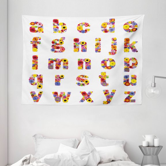 Letters Tapestry, Floral Alphabet with Blooming Letters Sunflower Cornflower Dahlia Rainbow Image, Wall Hanging for Bedroom Living Room Dorm Decor, 80W X 60L Inches, Multicolor, by Ambesonne