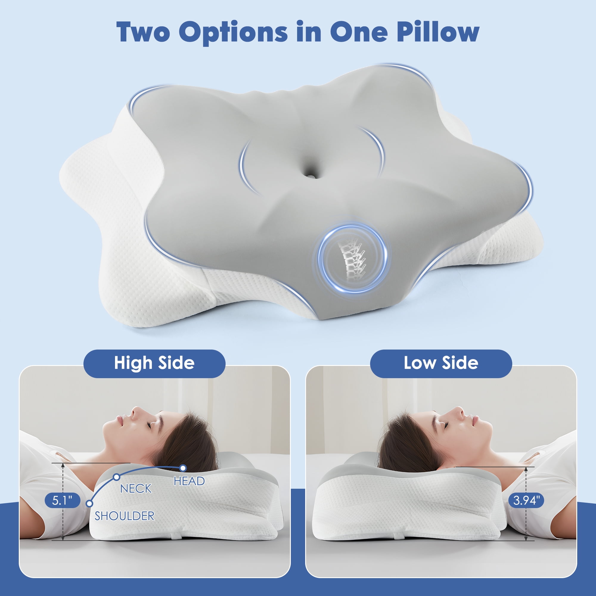 MOONORAH Cervical Neck Pillow, Ergonomic Memory Foam Bed Pillows for Neck Pain Relief with Cooling Pillowcase, Orthopedic Contour Neck Support Pillow for Side Back Stomach Sleepers, Gray