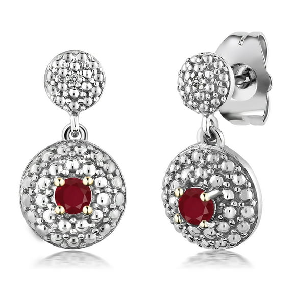 Gem Stone King Red Ruby and White Diamond Dangle Earrings for Women (0.32 Cttw, Gemstone July Birthstone, Round 3MM)