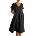 thumbnail image 2 of Gamivast Midi Dresses for Women Short Sleeve Sun Dress V-Neck House Dress Pockets Empire Waist Loose Fit Casual Daily Beach Vacation Wear, 2 of 8
