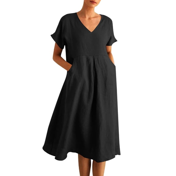 2026 Summer Dress for Women Casual Cotton Linen Midi Sundress with Pockets V Neck Short Sleeve Aline Beach Dresses Fashion Trendy Outfits Loose Fit Lightweight Dresses for Ladies