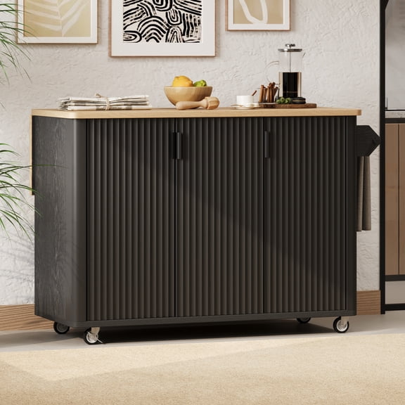51" Fluted Kitchen Island with Drop Leaf, Farmhouse Accent Kitchen Island on Wheels with Internal Storage Rack, Rolling Kitchen Cart with Towel Rack for Kitchen, Dining Room, White Ash WL