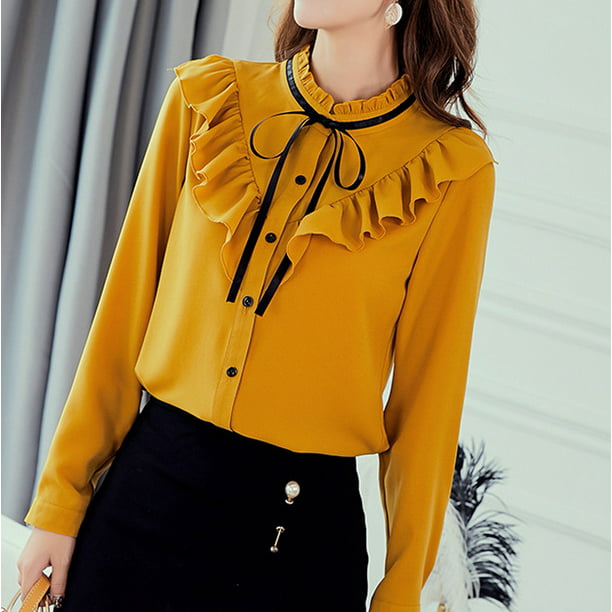 Women Front Frilly Bow Tie Ruffle Solid Chiffon Blouse Long Sleeve