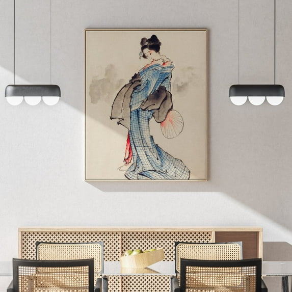 Woman, Full-Length Portrait, Standing, Facing Left, Holding Fan in Right Hand, Wearing Kimono with Check Design - 1760-1849 | Katsushika Hokusai | Premium Fine Art Print | 19th Century Japanese