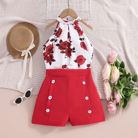 Kayannuo Easter Girl Clothes Girls' Casual Sleeveless Round Neck Strap Loose Botton Printed Short Pants Tank Top SetsI2 Red 7-8 Years
