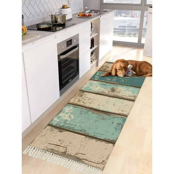 Farmhouse Teal Brown Entryway Runner Rug 2x4ft,Vintage Retro Ombre Wooden Washable Woven Living Room Hallway Bedroom Kitchen Carpet with Tassels,Indoor Outdoor Throw Door Mat for Entryway