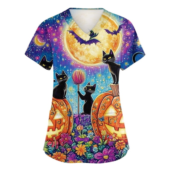 Halloween Scrub Tops Women V Neck Short Sleeve Scrubs Horror Printed Nursing Uniforms with Pockets