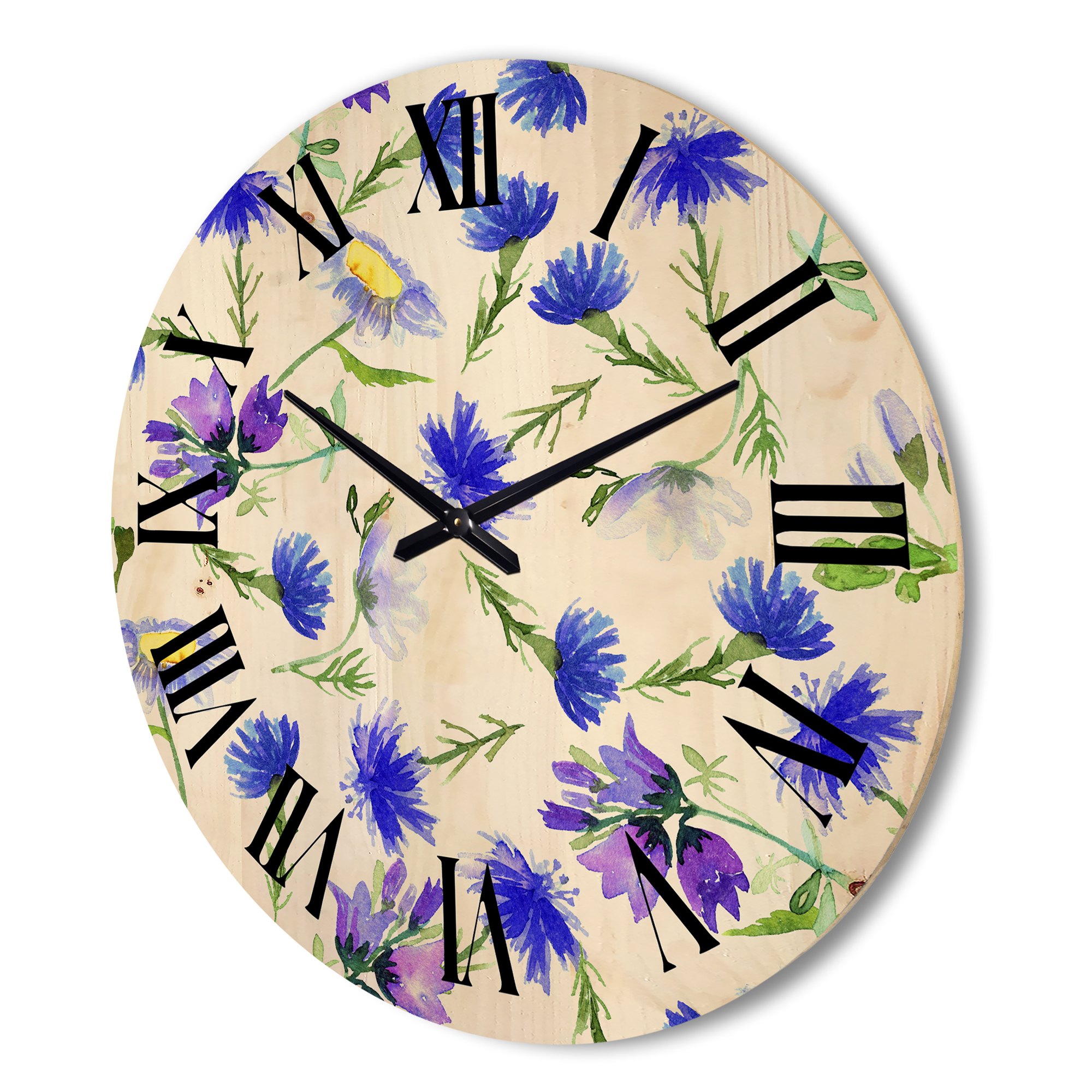 Designart 'Blue Wildflowers With Leaves III' Traditional Wood Wall Clock
