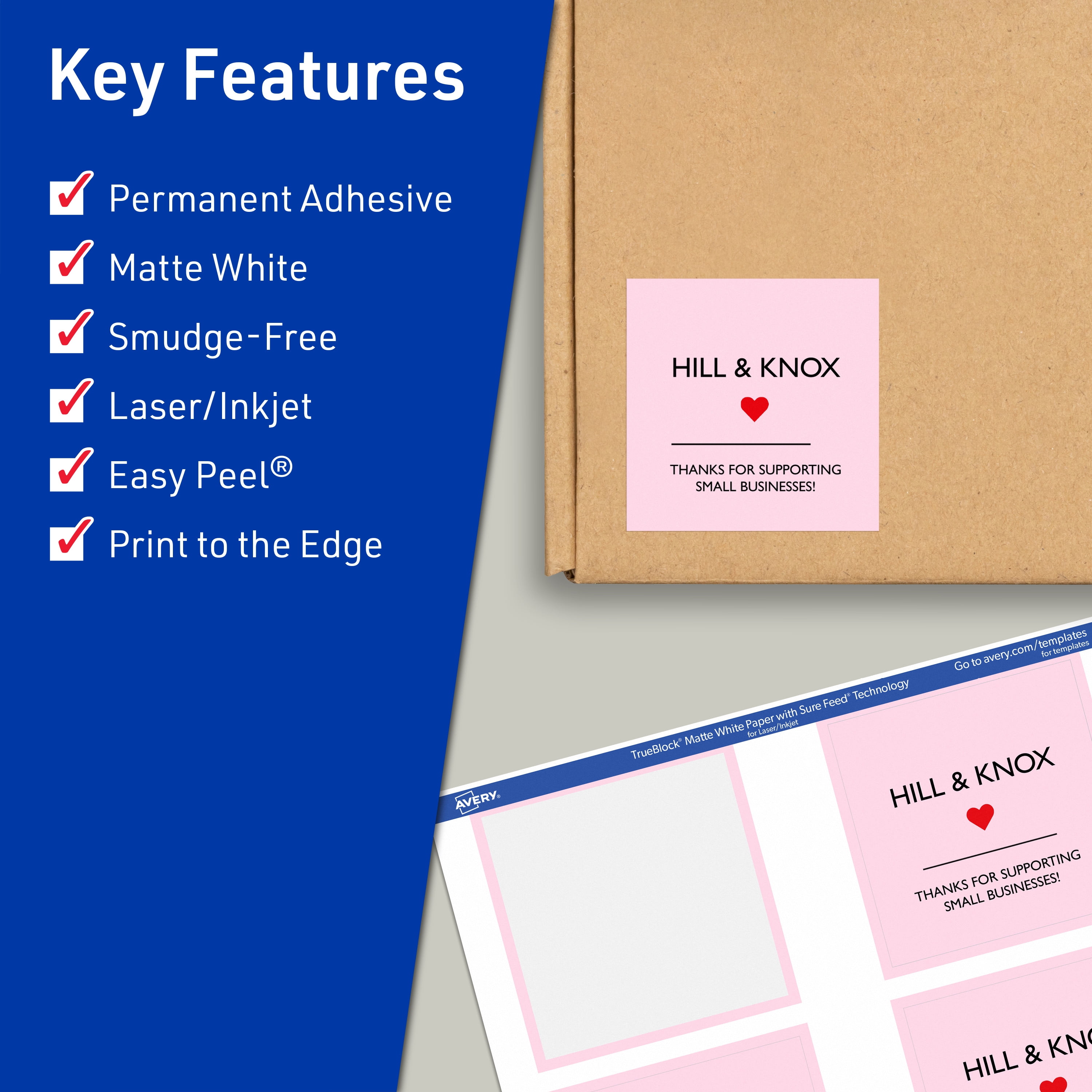 Avery TrueBlock White Square Labels, 3" x 3", 150ct