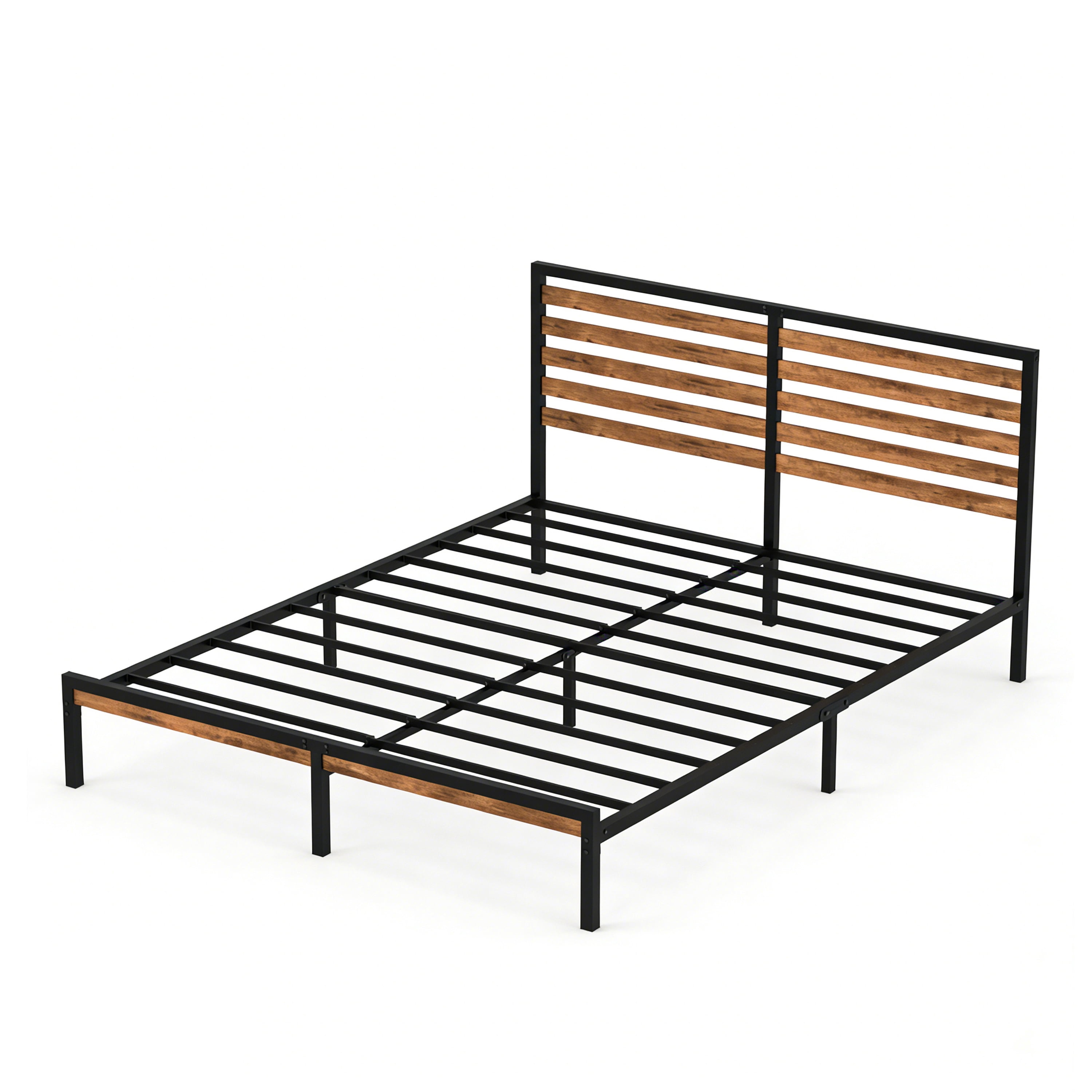 Full Size Metal Platform Bed Frame, Rustic Brown & Black Bed with Wood Headboard, Noise-Free Slat Support, Under Bed Storage Space, No Box Spring Required