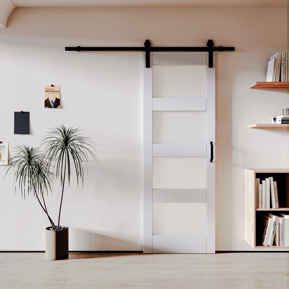 30'' x 84'' 4-Piece Glass and Manufactured Wood Sliding Barn Door with Installation Hardware Kit