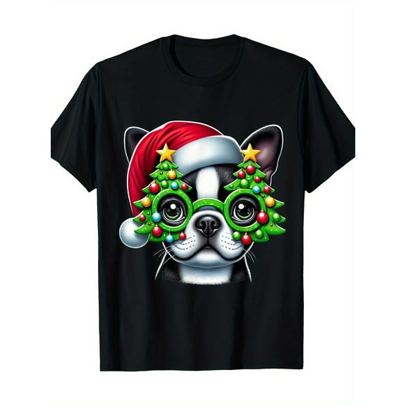 Boston Terrier Wearing Christmas Tree Glasses Men Women 220g 100% CottonT-Shirt