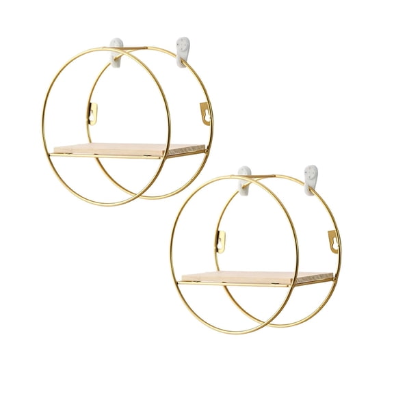 2Pack Wall Round Floating Shelves, Gold Metal Moon Shaped Display Shelf Decorative Organizer Storage Display Rack For Living Rooms Bedrooms Kitchens Office 7.9"X7.9"X4.1"