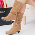 thumbnail image 2 of Juebong Women Boots Winter Warm Mid Heel Fashion Slip-on Mid-calf Belt Buckle Casual Shoes,Khaki Size 9, 2 of 6