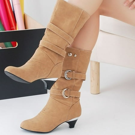 

YOTAMI Shoes for Women Women Boots Winter Warm Mid Heel Fashion Slip-on Mid-calf Belt Buckle Casual Shoes Khaki
