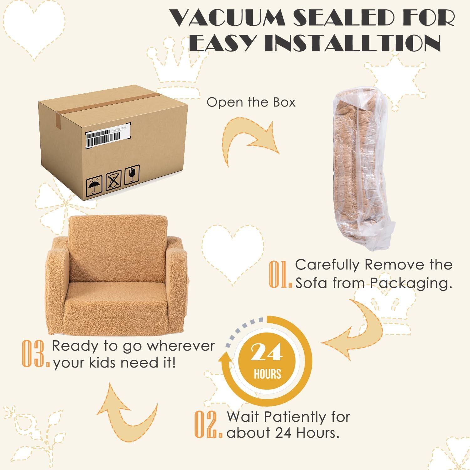 Toddler Baby Chair Couch Sofa Kids Foldable 2-in-1 Sherpa Fold Out Couch Bed Toddler Chairs Comfy for Boys & Girls Convertible Kids Furniture Lounge Chair for Playroom with Double Pockets, Dark Camel