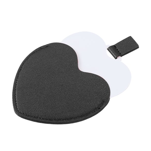 Espejo compacto en forma de corazón de acero inoxidable, mini espejo de viaje con estuche de cuero de PU, espejo portátil de mano para maquillaje para viajar, acampar, negro