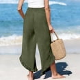 thumbnail image 4 of LNWUY Linen Pants Women Smocked High Waisted Wide Leg Cropped Pants with Pockets Cute Ruffle Boho Flowy Beach Pants Green M, 4 of 5