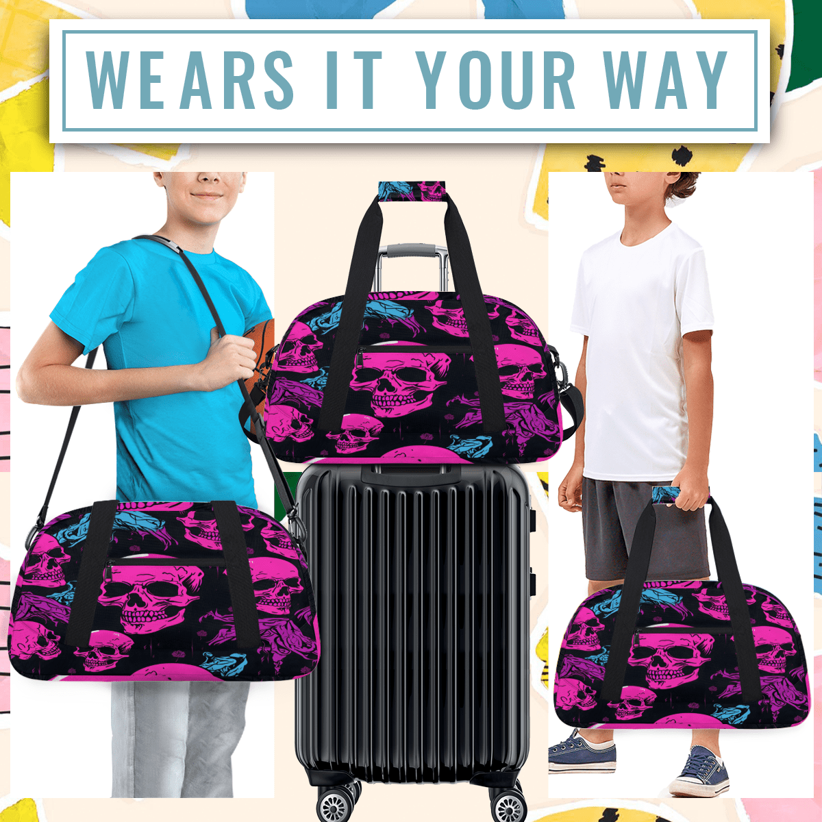Herdesigns Skull Sports Duffle Bag for Women & Men, Spooky Skull Gym Bag Dance Bag Overnight Bag Carry On Weekender Travel Bag