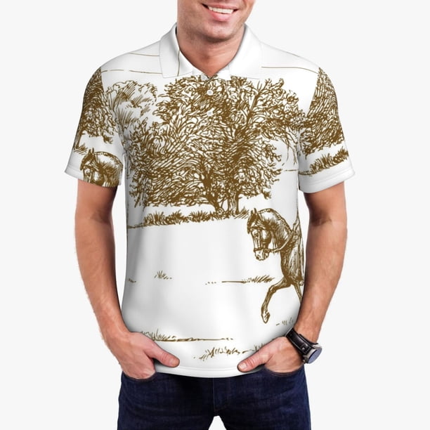 Balery Horse Rider In Field Camisa Polo de Hombre con Estampado, de Manga Corta y Tejido Medio, Camisa Tipo Golf Polo-XX-Large