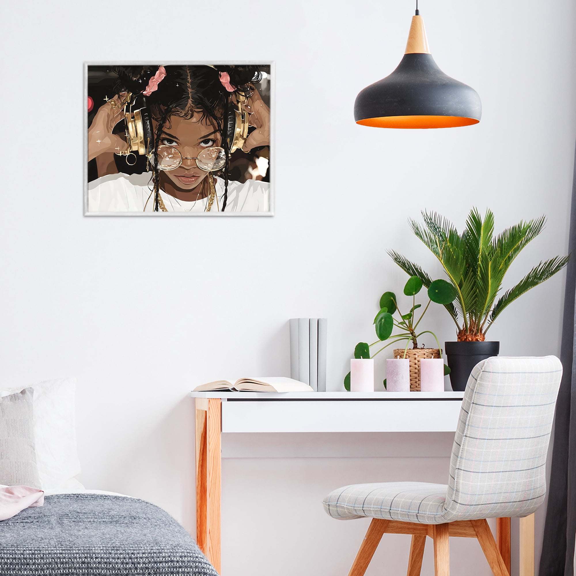 Stupell Industries Trendy Girl with Gold Headphones White Framed Giclee Art, design by Franklyn Gregory