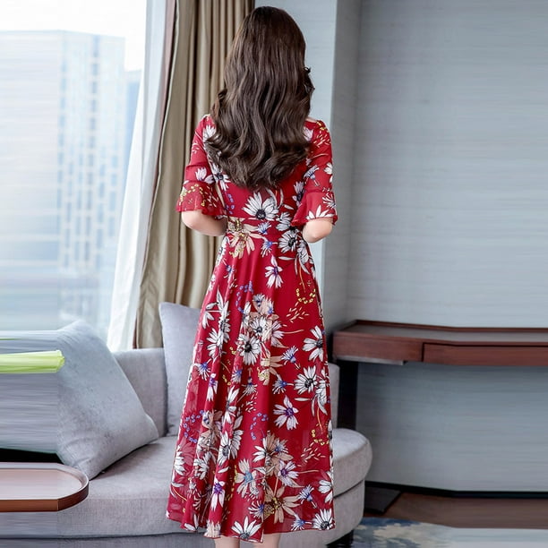 Long Dresses Women Elegant Floral Printed Dress Short Sleeves Thin