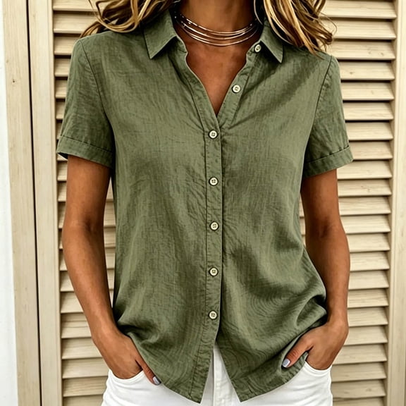 Women's Short Sleeve Button Down Shirt Casual Stretch Blouse with Collar