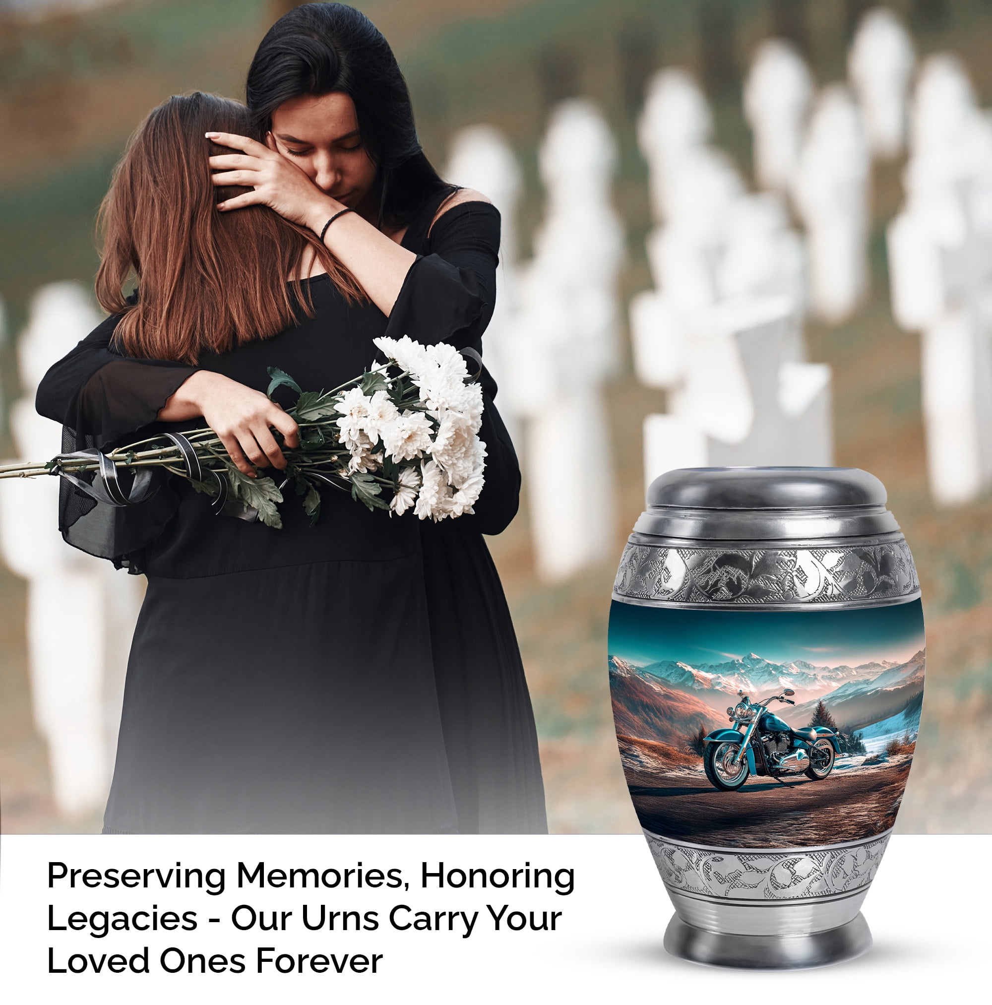Bike Funeral Urns For Human Ashes Adult Man, Mountain Decorative Urn For Adult Male And Female - 1 Large 10 Inch, Blue Cremation For Mother And Father- 3 Inch Small Set Of 4
