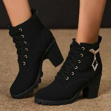 

YOUSNH Solid Versatile Large Size Thick Heel Mid Heel Short Sleeve Leather Boots for Women New Lace up Round Toe Casual Fashionable Ankle Boots Womens Boots Black 6.5