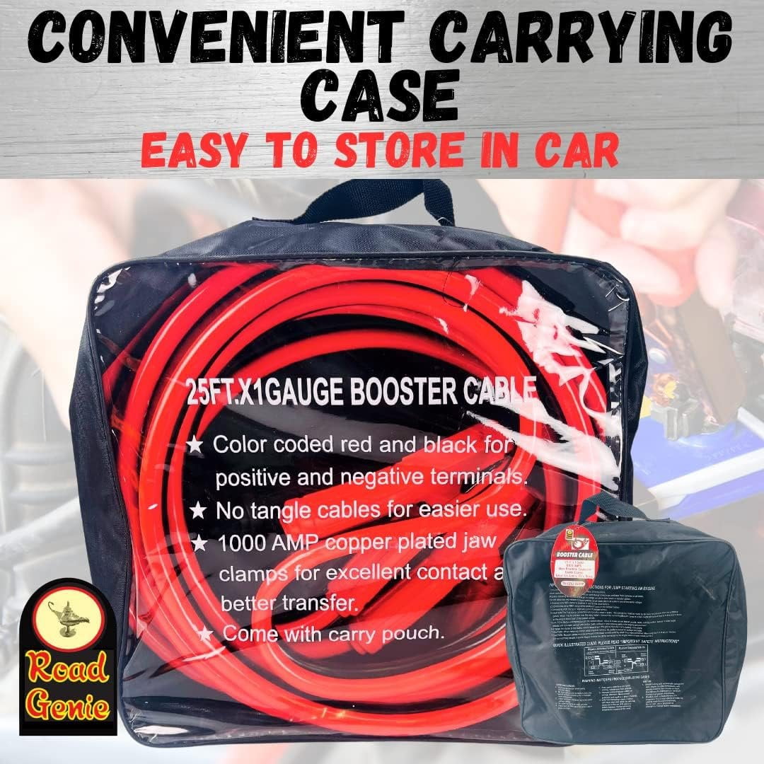 ROAD GENIE 25 Foot, 1 Gauge Booster Cable with Color-Coded Cables and Chrome Plated Clamps for Easy and Reliable Jump-Starting  Comes with Carrying Pouch