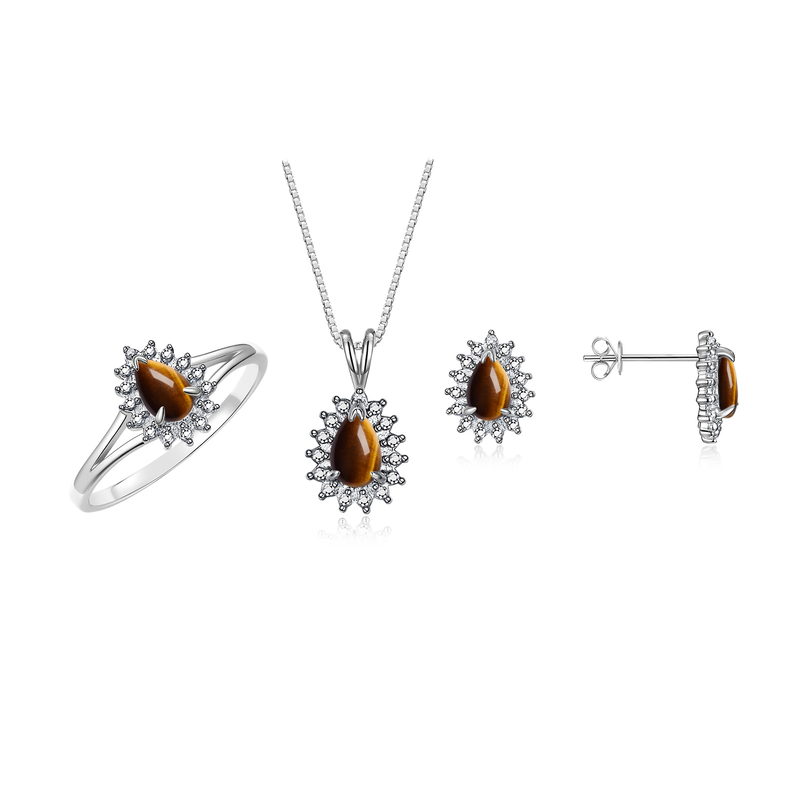 RYLOS Women's 14K White Gold Birthstone Set: Ring, Earring & Pendant Necklace. Gemstone & Diamonds, 6X4MM Tiger Eye November Birthstone. Perfectly Matching Gold Jewelry, Size 9