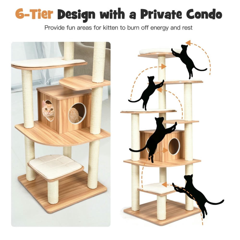 Spaco Cat Tree, 57-Layer Wooden Cat Tree Tall Cat Tower with Sisal Posts and Condo-Natural, Cat House with Platform Bed, Large Cozy Condo