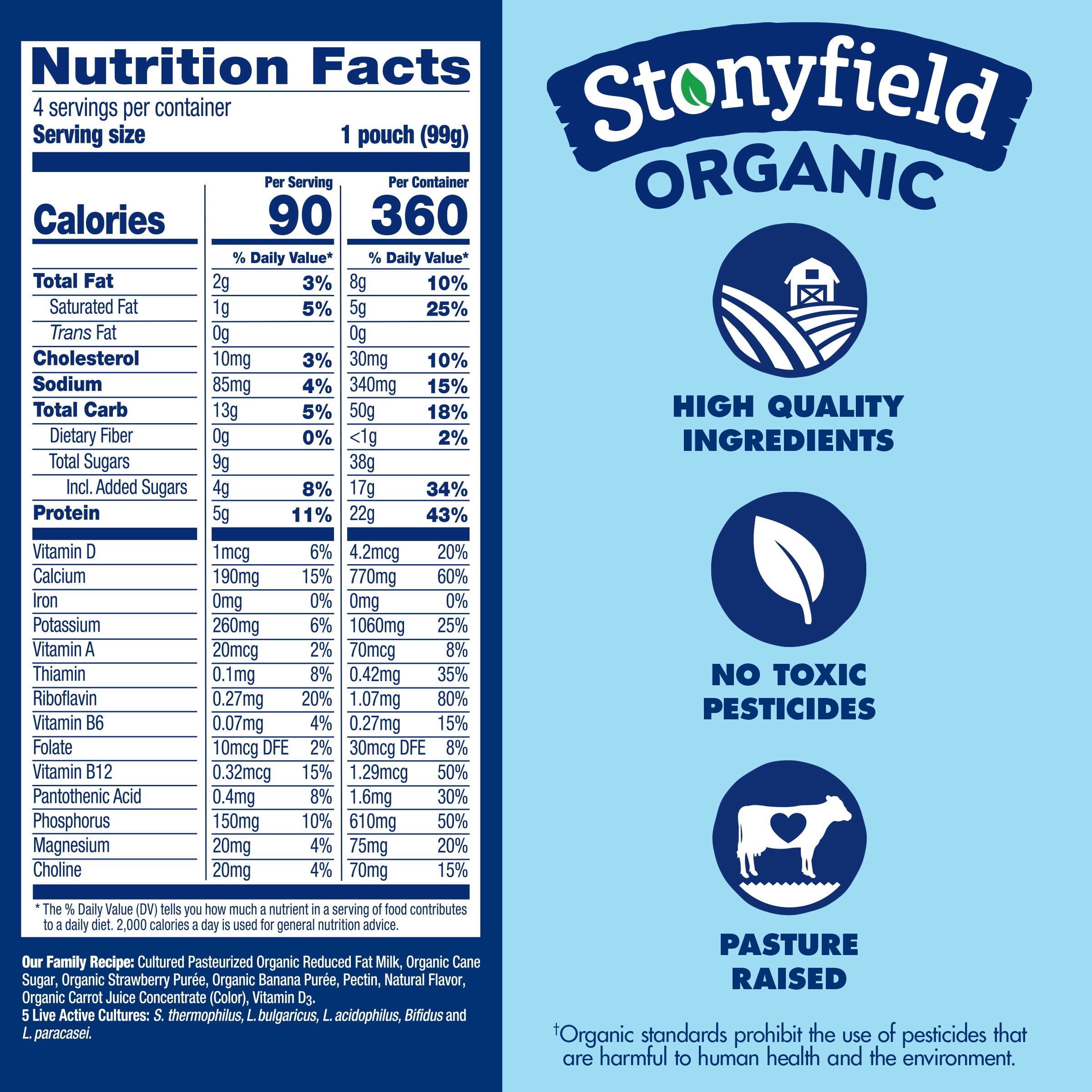 Stonyfield Organic Kids Strawberry Banana Lowfat Yogurt Pouches, 4 Count